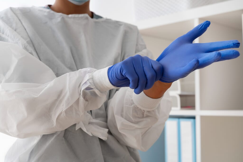 Image of a person wearing a protective gown putting on sterile gloves Image of a person wearing a protective gown putting on sterile gloves